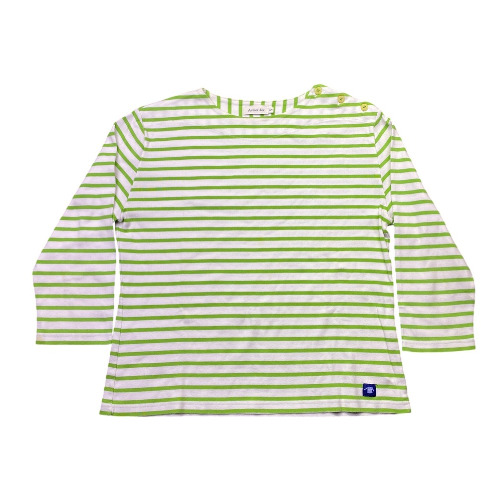 Armor-Lux Breton Striped Top Lime Green White Button Shoulder Cotton France Sz 5